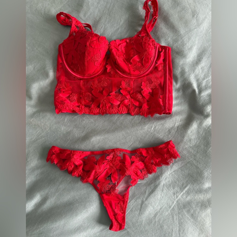 Red Lace Longline Bra & Thong Set - Women Intimates